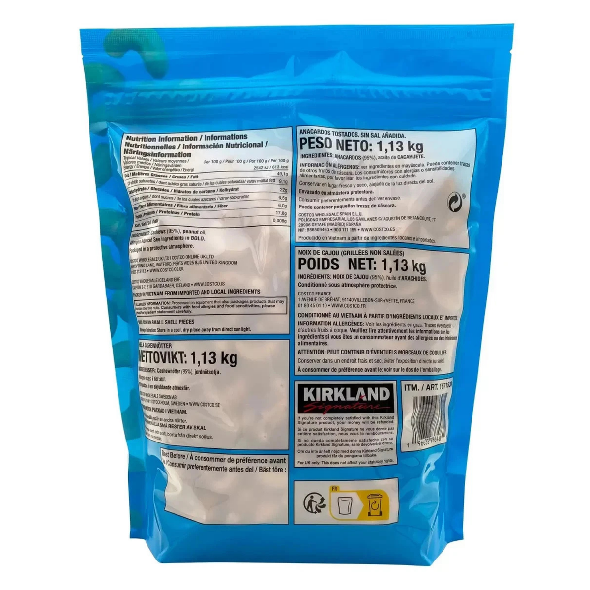 Kirkland Unsalted and Roasted Cashews, 1.13kg