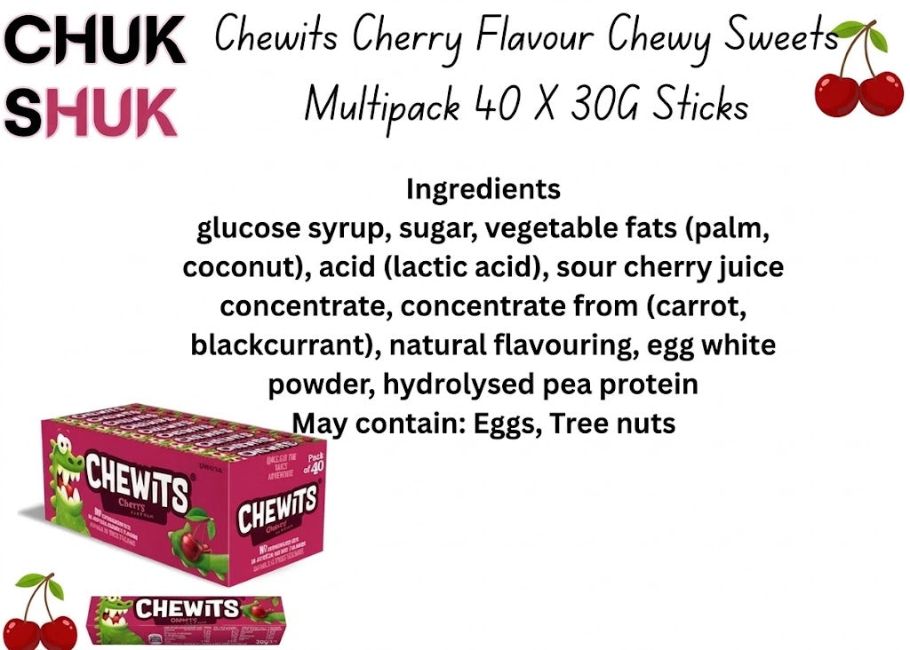 Chewits Cherry Flavour Chewy Sweets (Pack of 40 x 30g)