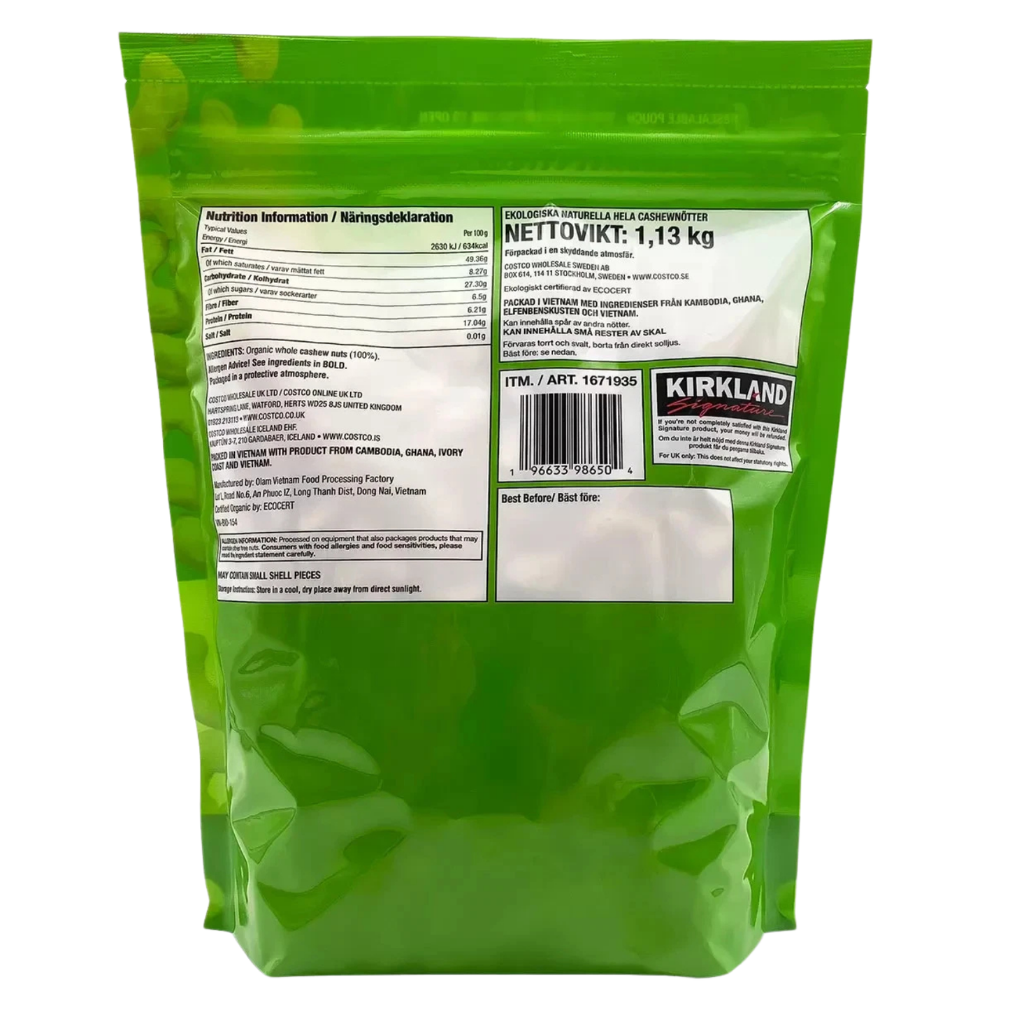 Kirkland Organic Whole Cashews Unsalted Unroasted, 1.13kg