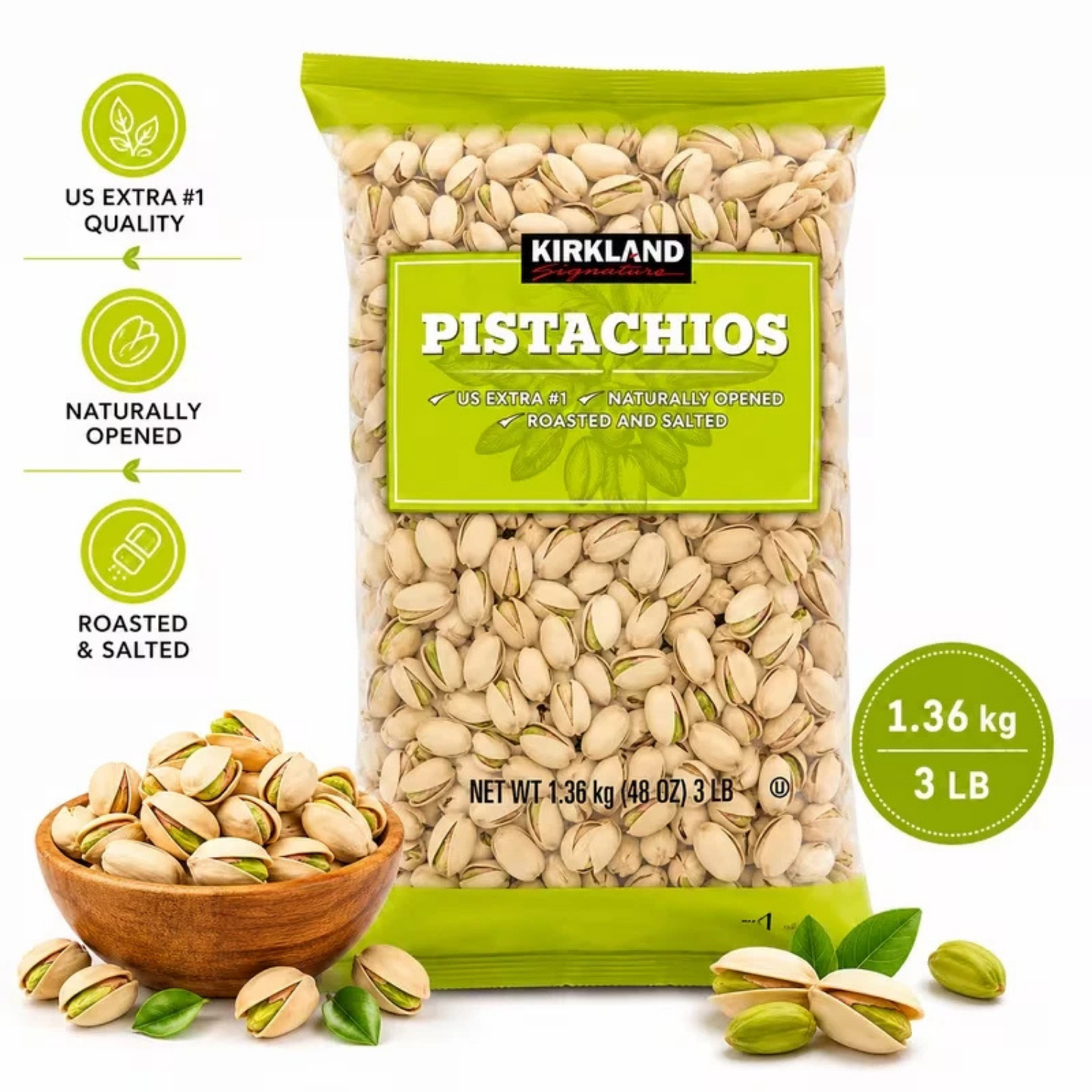 Kirkland Premium Dry Roasted Salted Pistachios 1.36kg Naturally Open