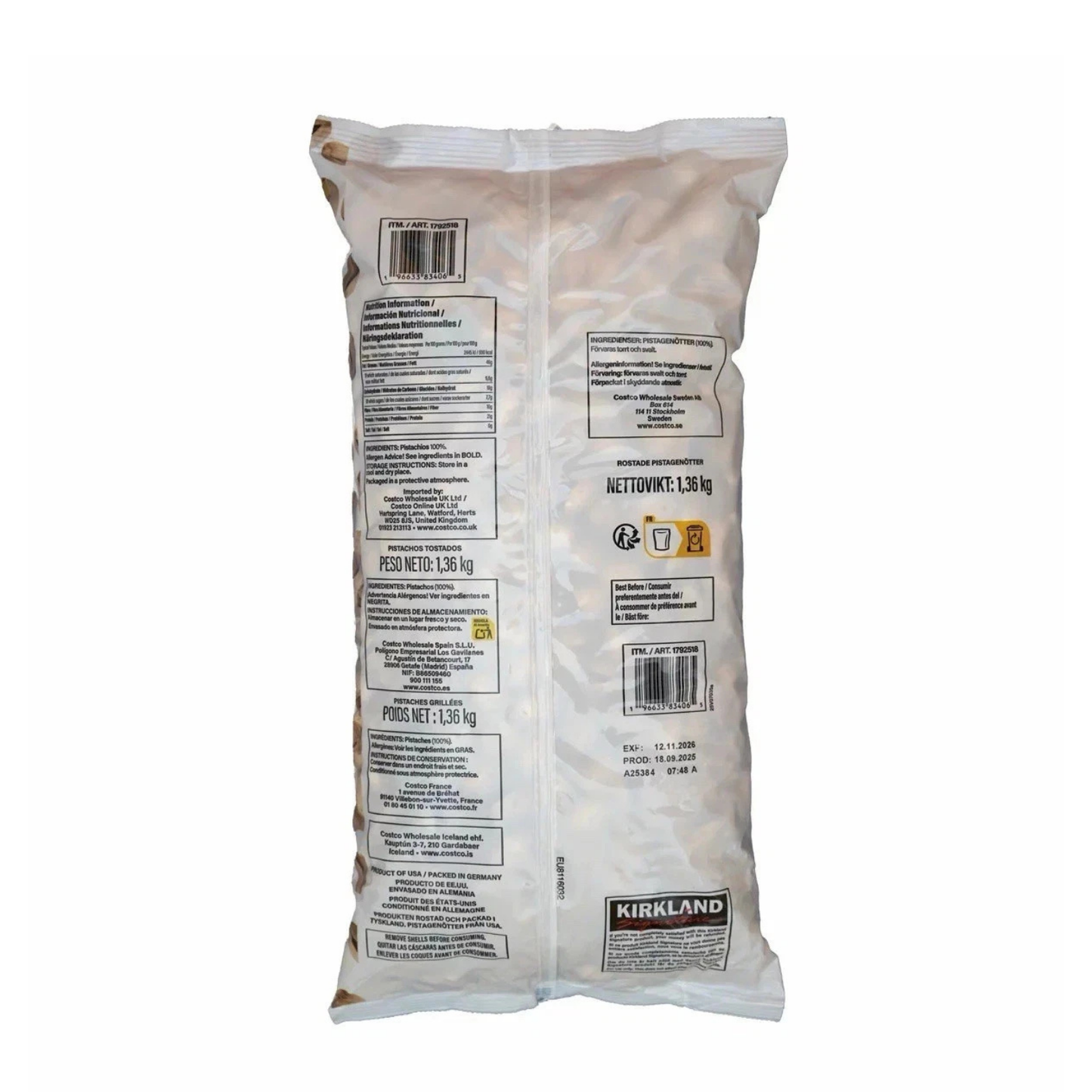 Kirkland Roasted and Unsalted Pistachios, 1.36kg