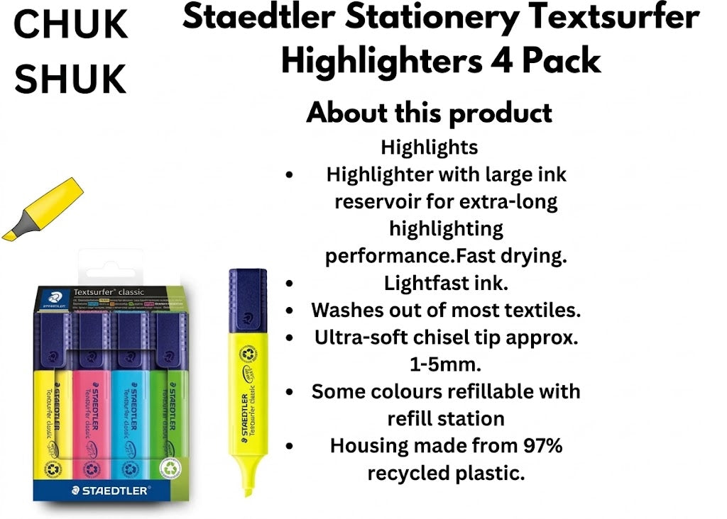 Staedtler Textsurfer Classic Highlighters – Assorted Colours (4 Pack)