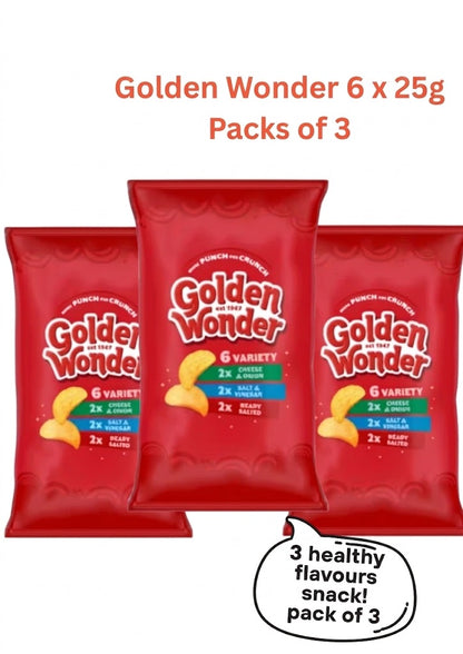 Golden Wonder Variety Crisps Multipack (3 x 6 Packs, 18 Bags Total)
