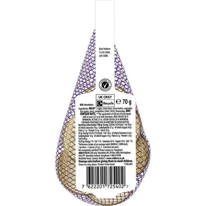 Cadbury Dairy Milk Chocolate Christmas Coins Net Bags (Pack of 9 x 70g)