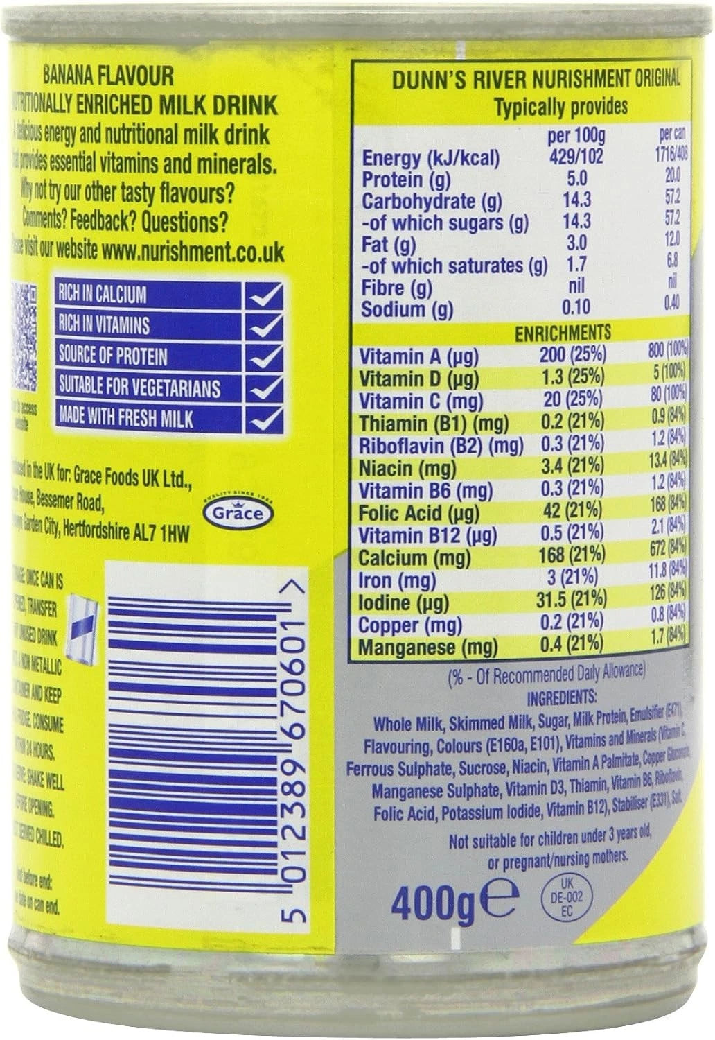 Nurishment Original Banana Milk Drink 400g (Pack of 12)